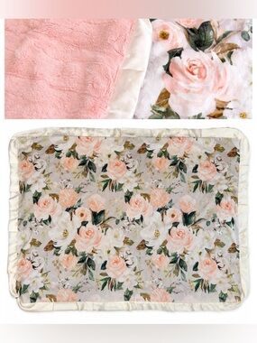 Minky Couture Floral Rose Reversible Pink Blanket Satin Trim 35x49 Tween Size